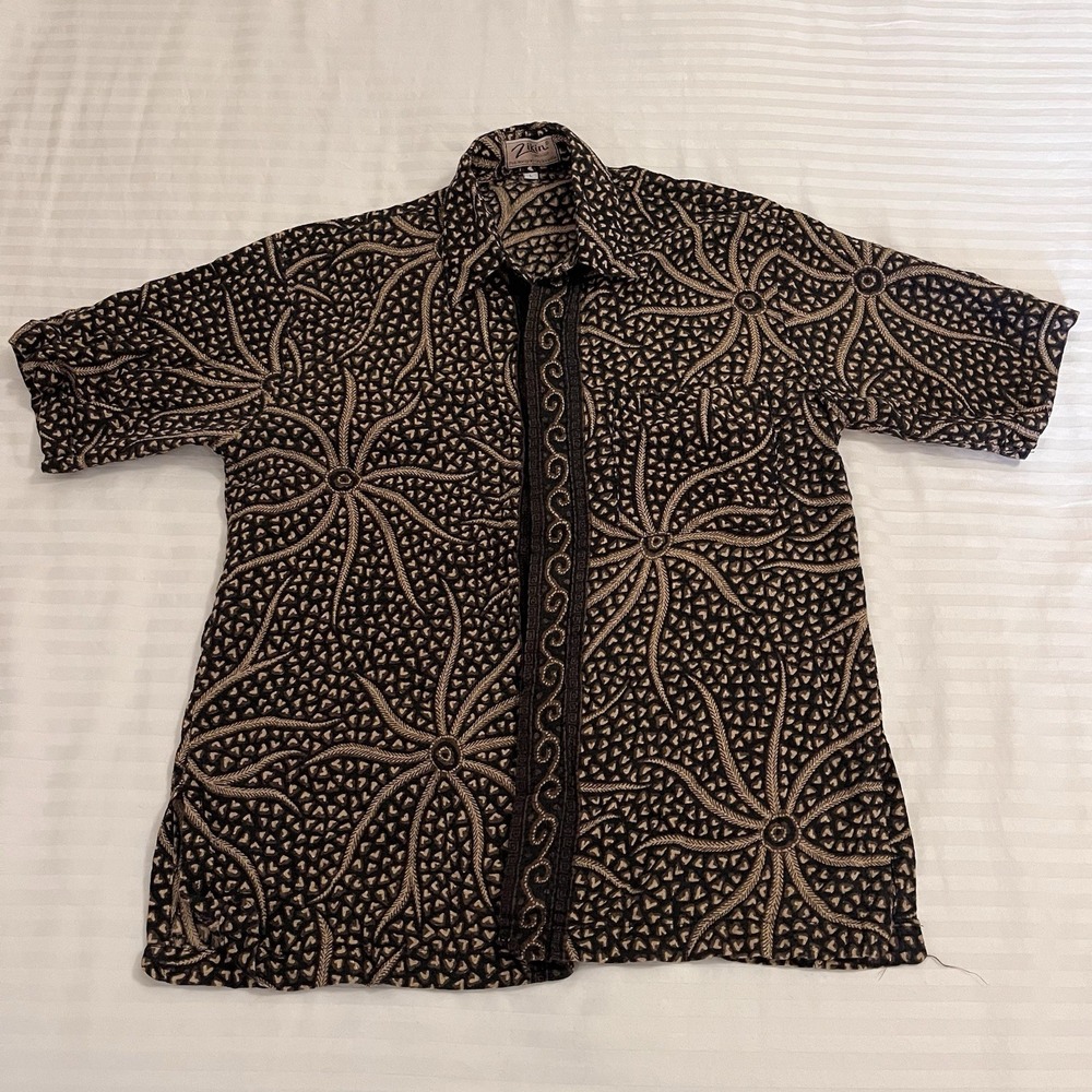 Batik Boho Earth Tone Starburst Motif Button Down Men L Resort Beach Vacation